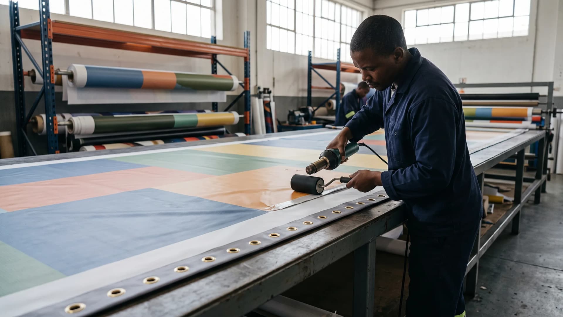 Worker in a navy overall running a hot-air welder and silicone roller along the hem of a large printed PVC banner on a steel bench, a row of brass eyelets already set along the finished edge, printed banner rolls on racking behind