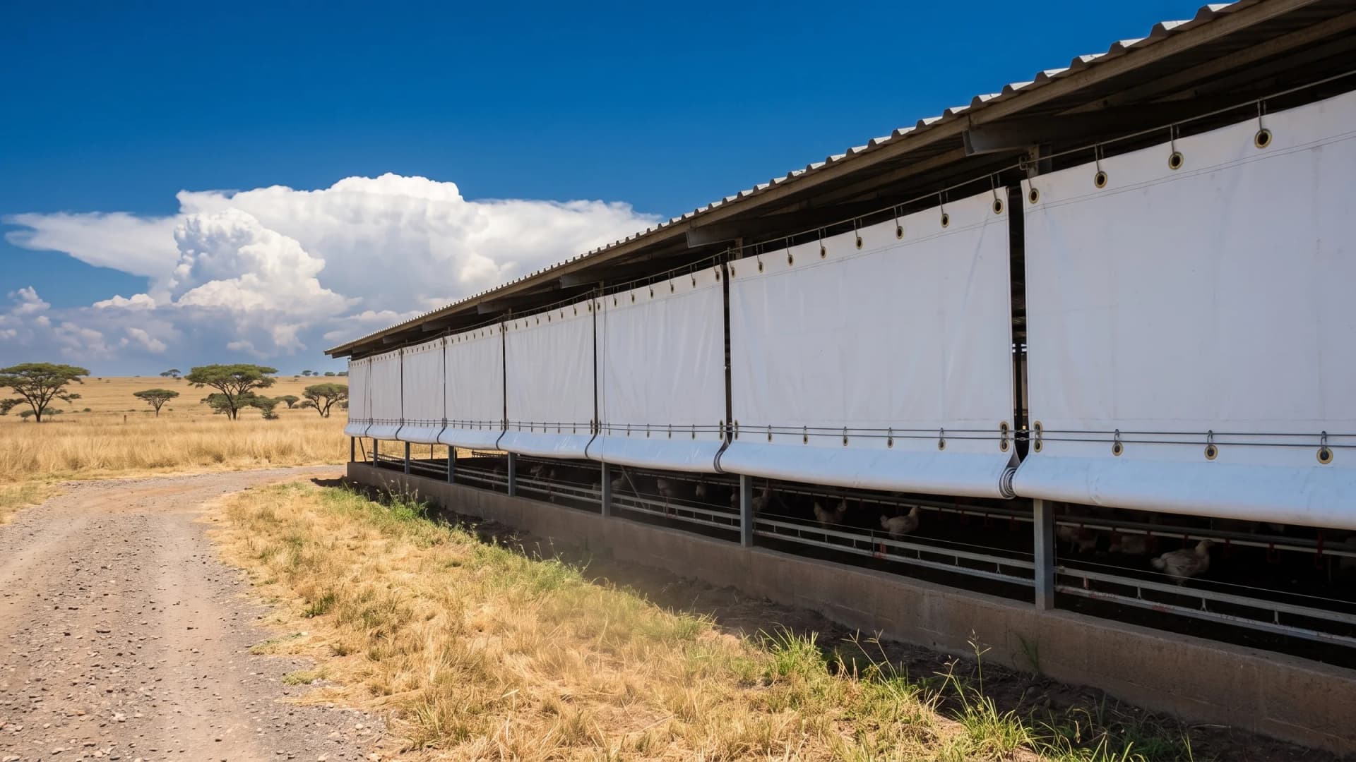 Long broiler house on a hot summer afternoon with white PVC sidewall curtains hung from a steel cable through eyelets, birds visible below the curtains, dry golden grass, a gravel service road and a storm cloud building on the horizon