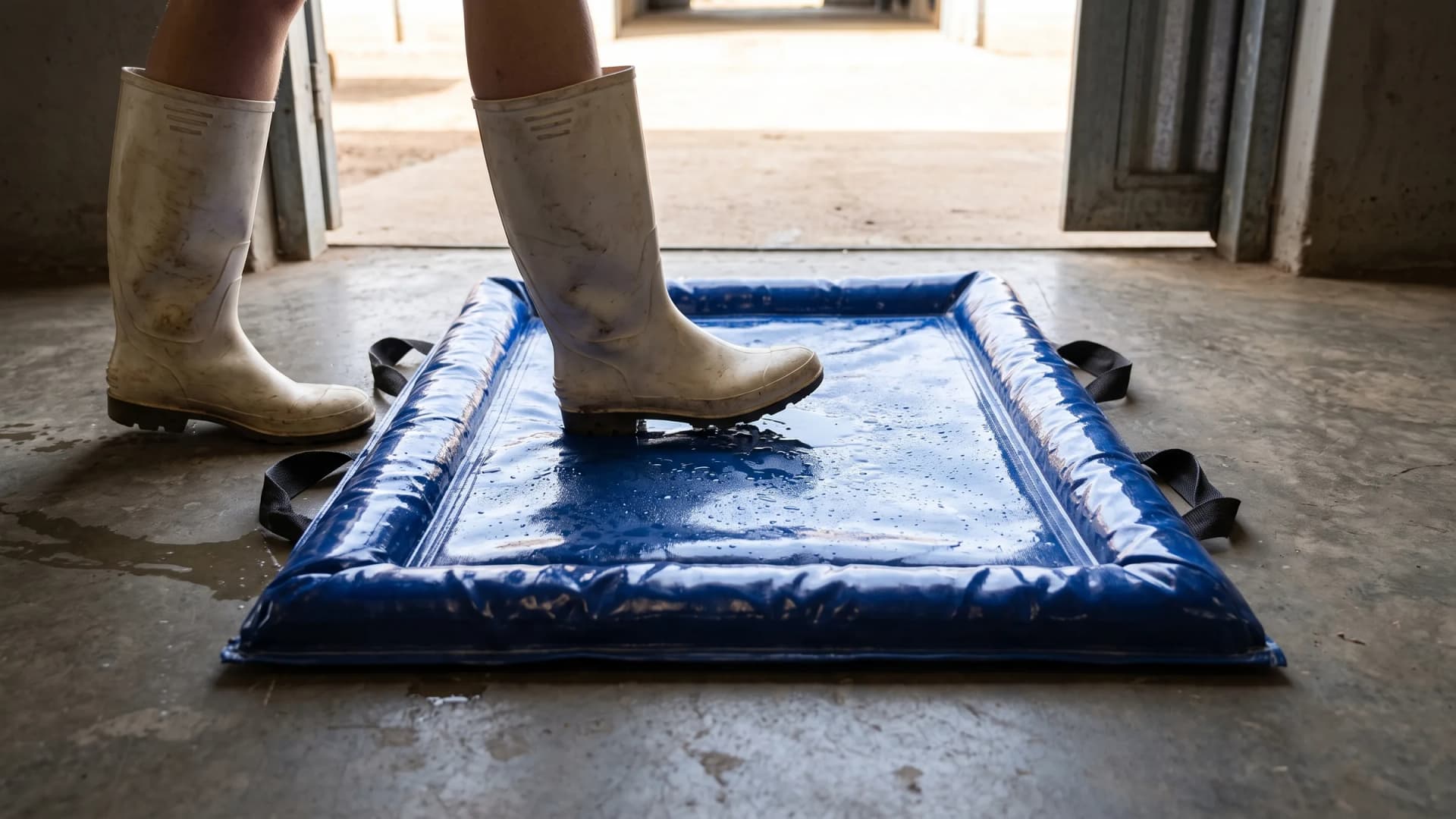 Blue PVC foot sponge mat with a raised padded border and black webbing carry handles on the concrete floor inside a farm building doorway, its surface wet with disinfectant, a person in white gumboots stepping onto it