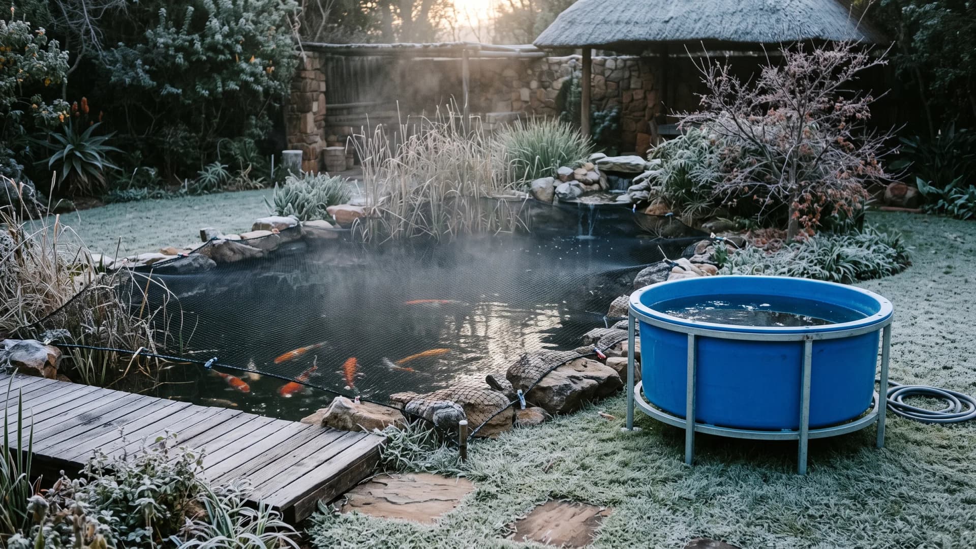 Koi pond with a net cover on a frosty winter morning, with a blue PVC holding vat set up on the lawn beside it