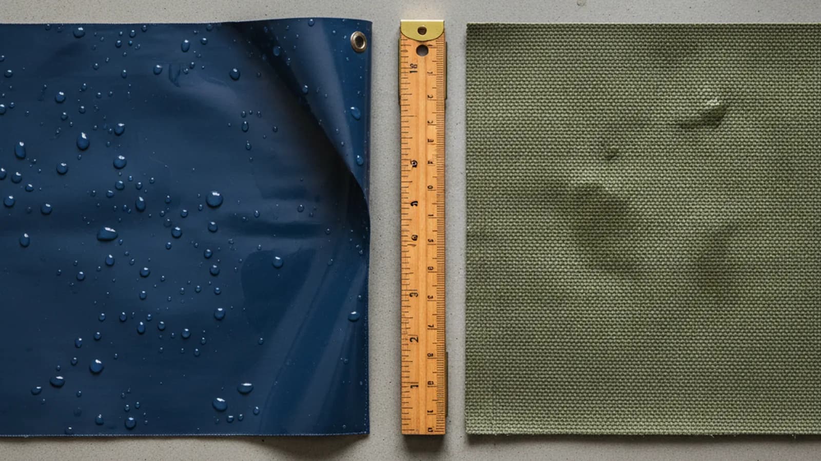 Side-by-side comparison of PVC and canvas tarpaulin samples