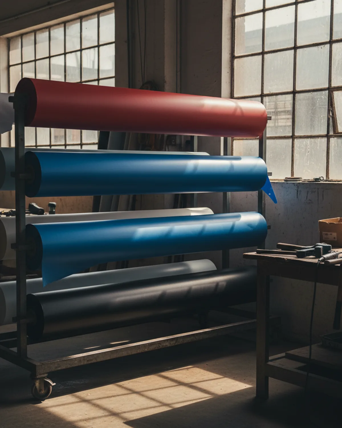 Rolls of printed PVC banner ready for hem welding