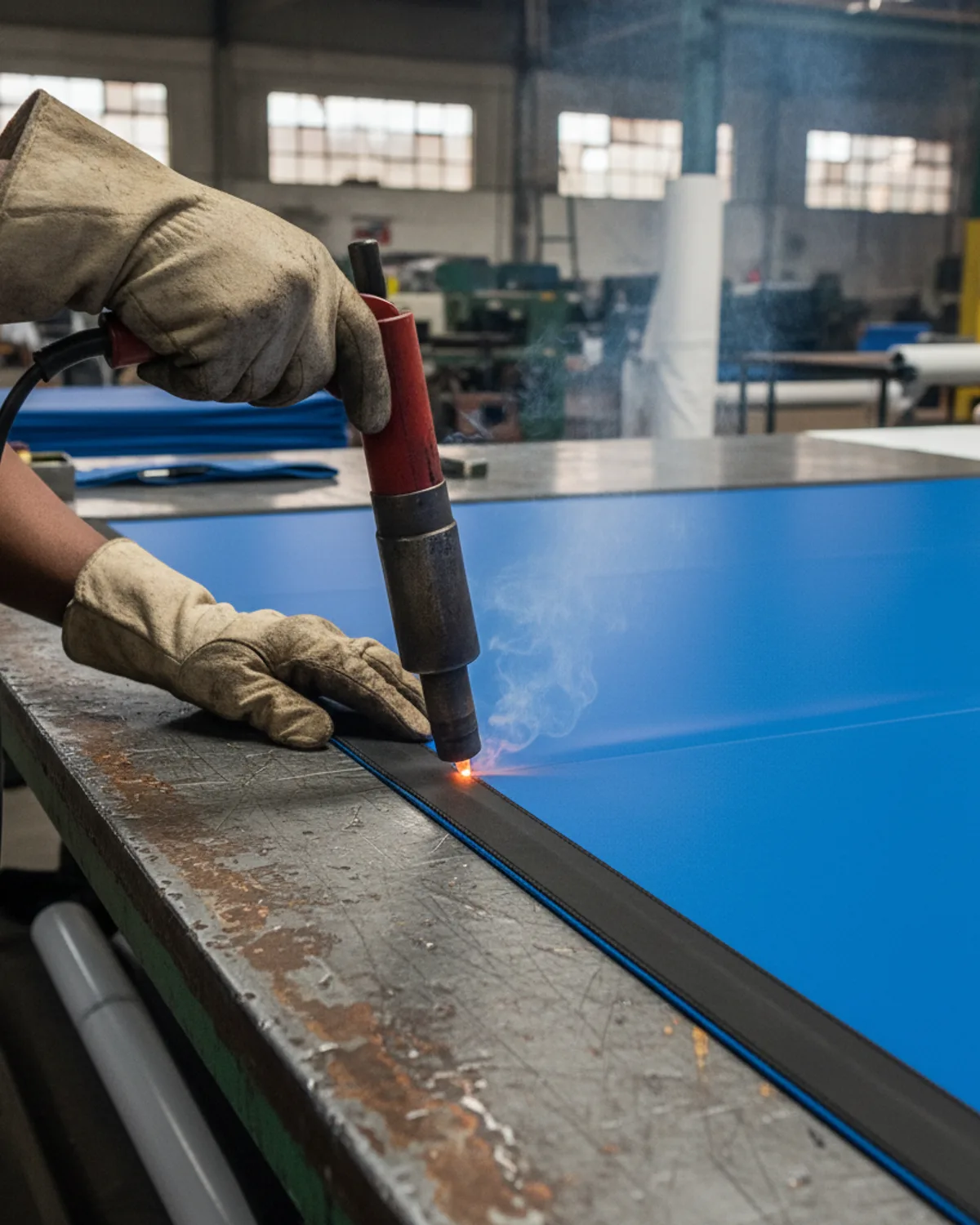 Heat welder sealing a reinforced hem on a large banner