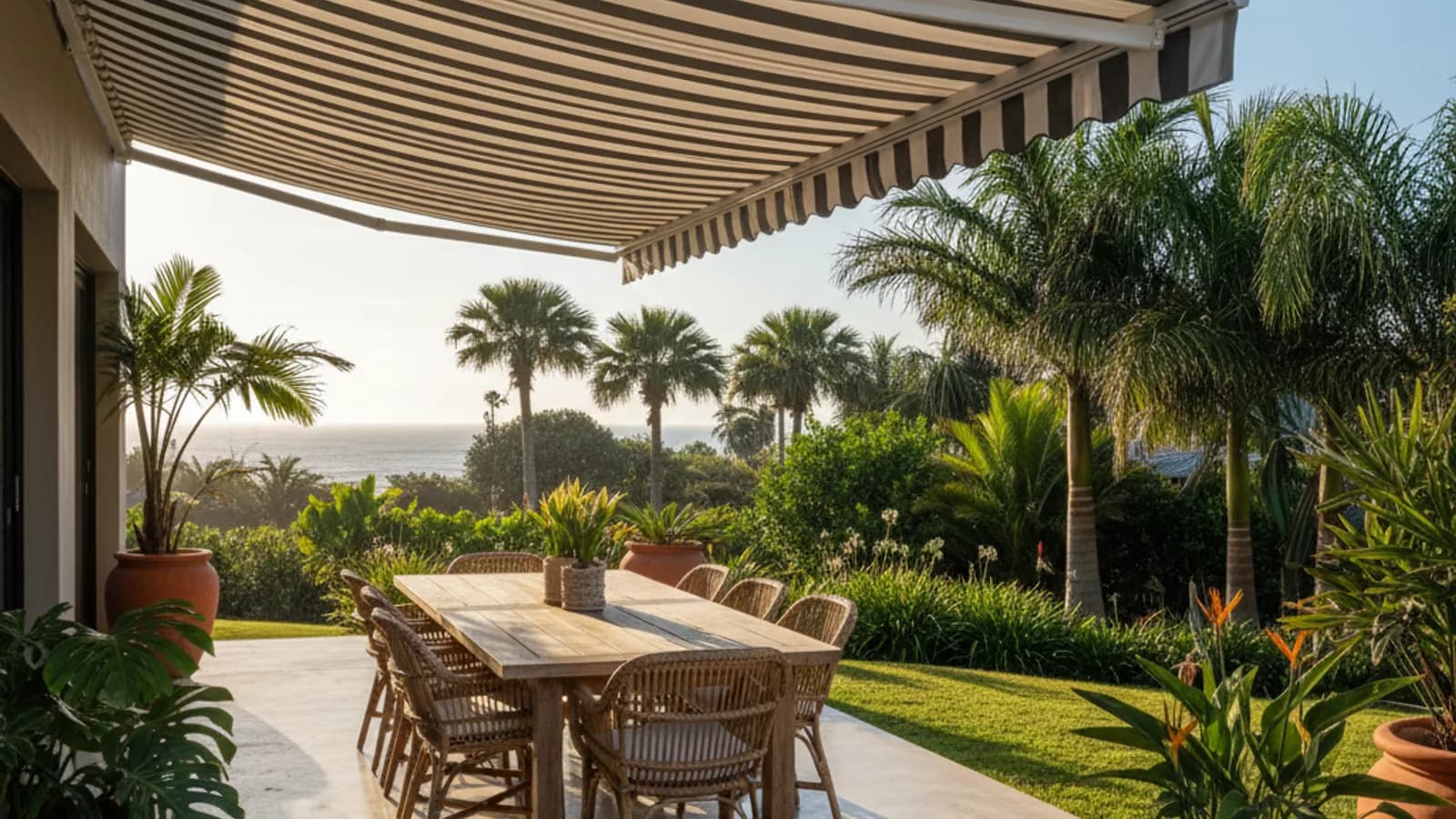 Outdoor patio with PVC clear blinds lowered against the rain