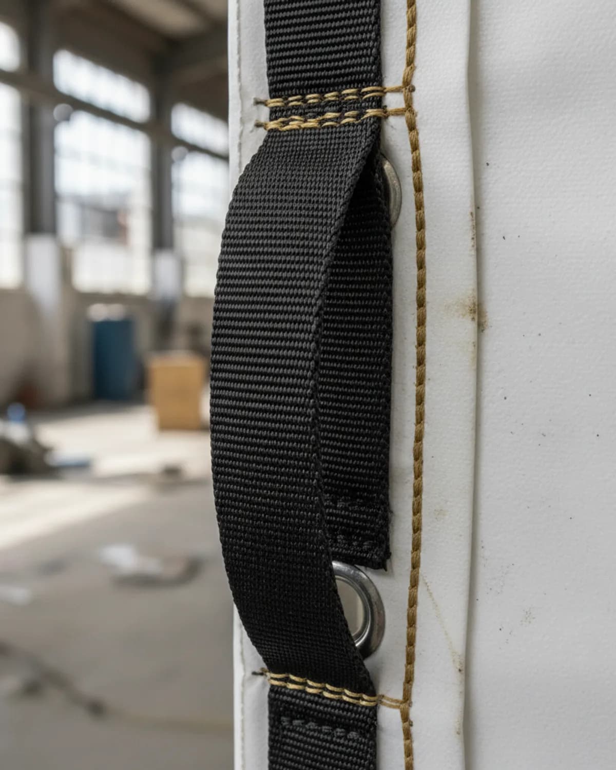 Reinforced webbing handle stitched onto a refrigerated truck partition