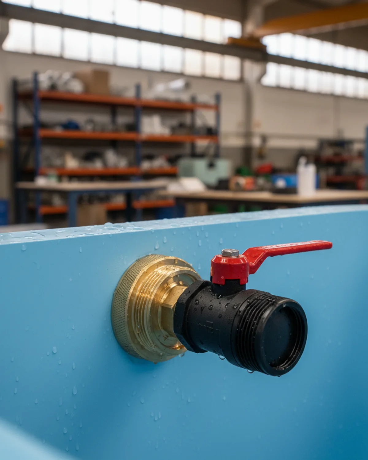 50 mm brass bulkhead drain and black ball valve fitted into the side of a blue PVC ice bath