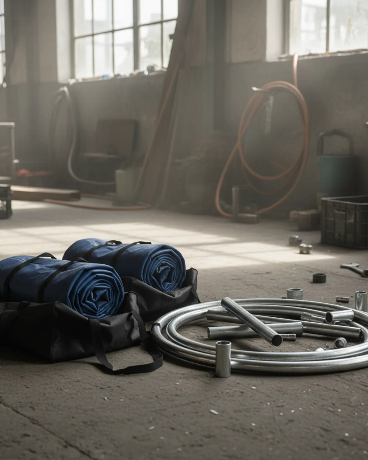 Two PVC ice baths collapsed into carry bags next to a dismantled steel frame on the factory floor