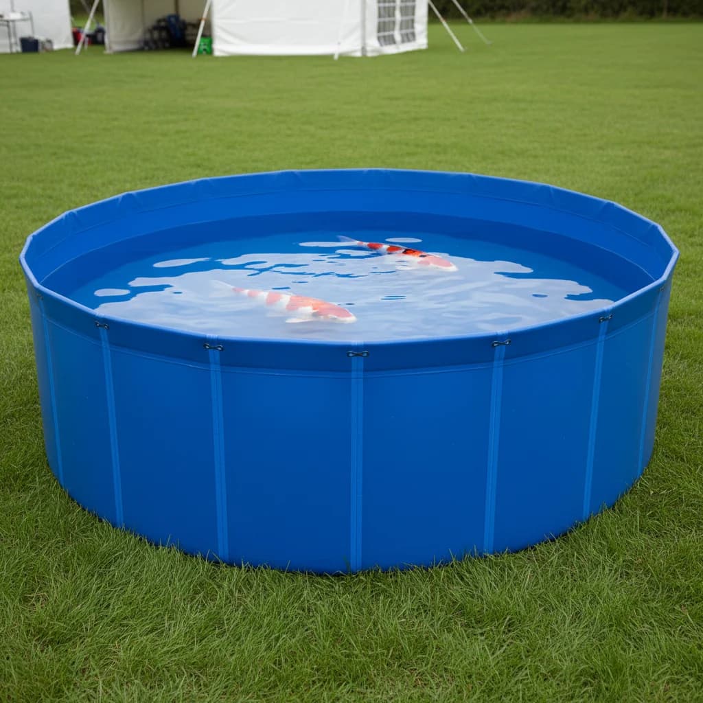 Two Kohaku koi swimming in a Minurphy heat-welded transport vat at an outdoor show venue
