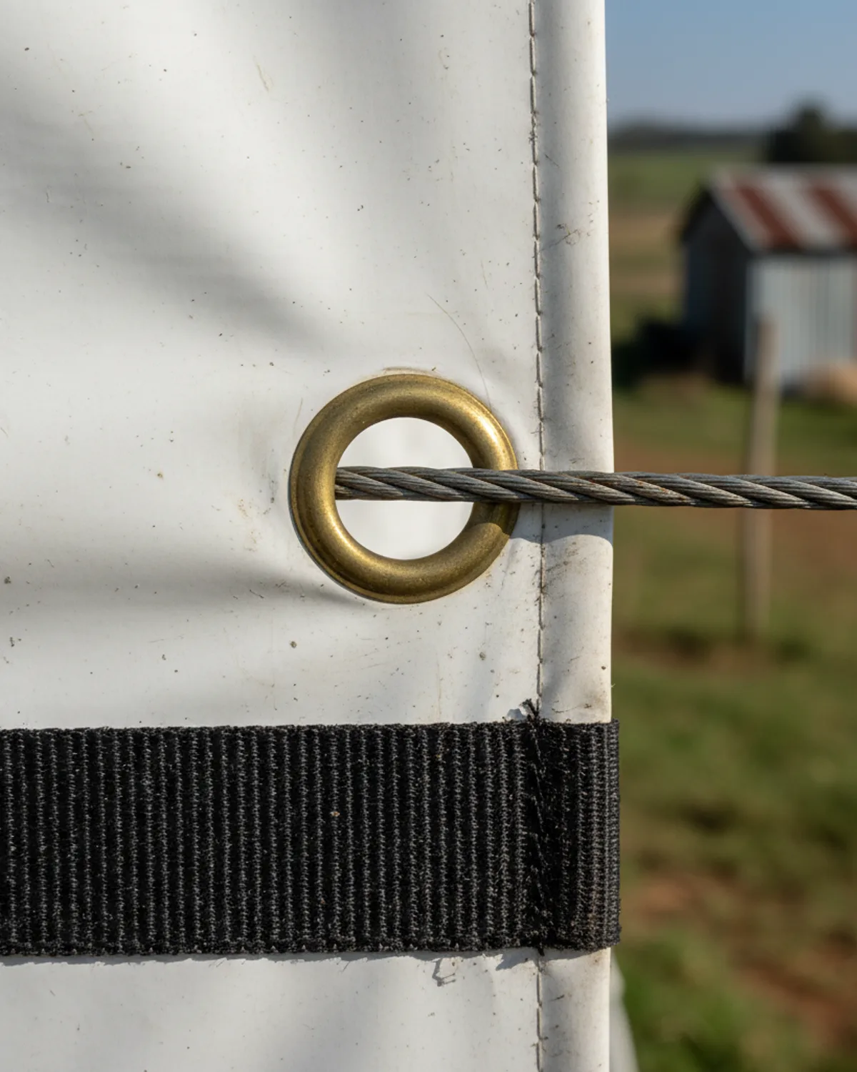 Eyelet detail for steel cable feed on a poultry curtain