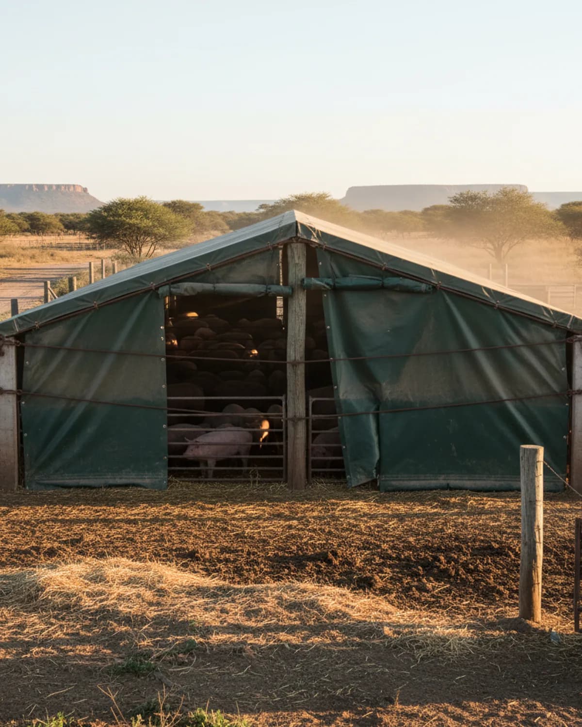 Piggery curtain lowered to block wind on a Karoo farm
