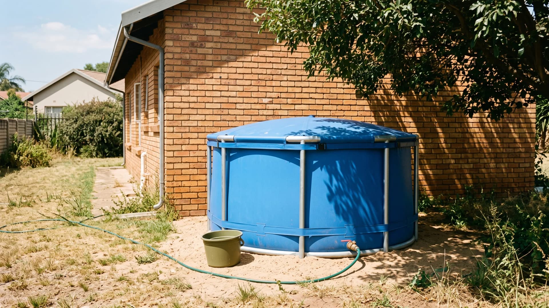 Round blue collapsible PVC water tank in a galvanised steel frame with a fitted lid, standing on a level sand bed beside a face-brick house, a garden hose connected to the drain valve at its base and a bucket beside it