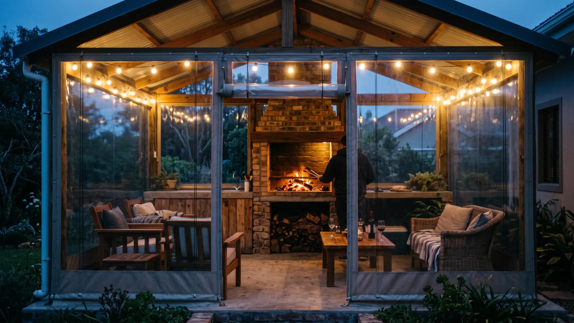 Covered braai area enclosed with drop-down clear PVC blinds on a cold winter evening, braai coals glowing inside and the garden visible through the clear panels