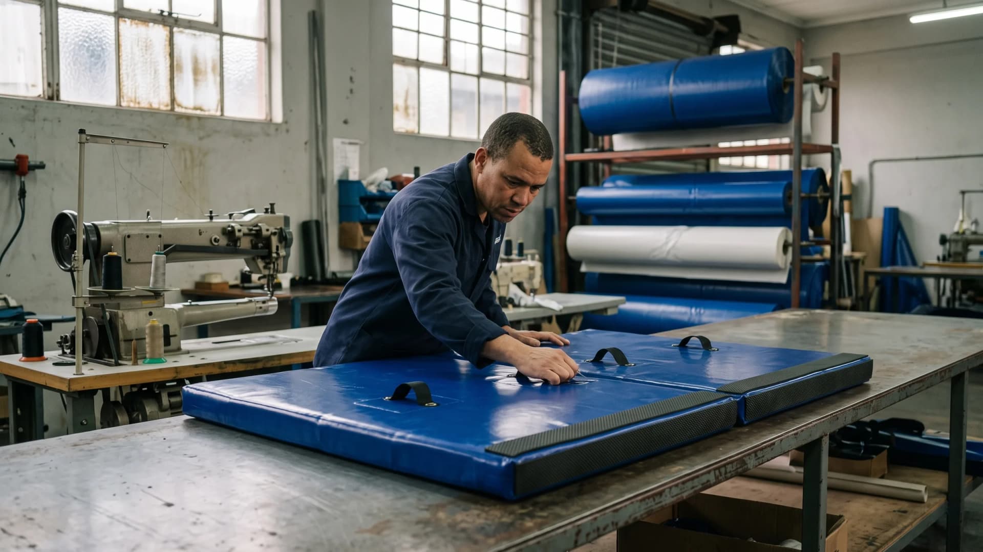 Worker in a navy overall inspecting the black webbing handle on a royal-blue padded PVC bun partition laid flat on a steel workbench, a black scuff board along its bottom edge, rolls of blue and white PVC and an industrial sewing machine in the factory behind