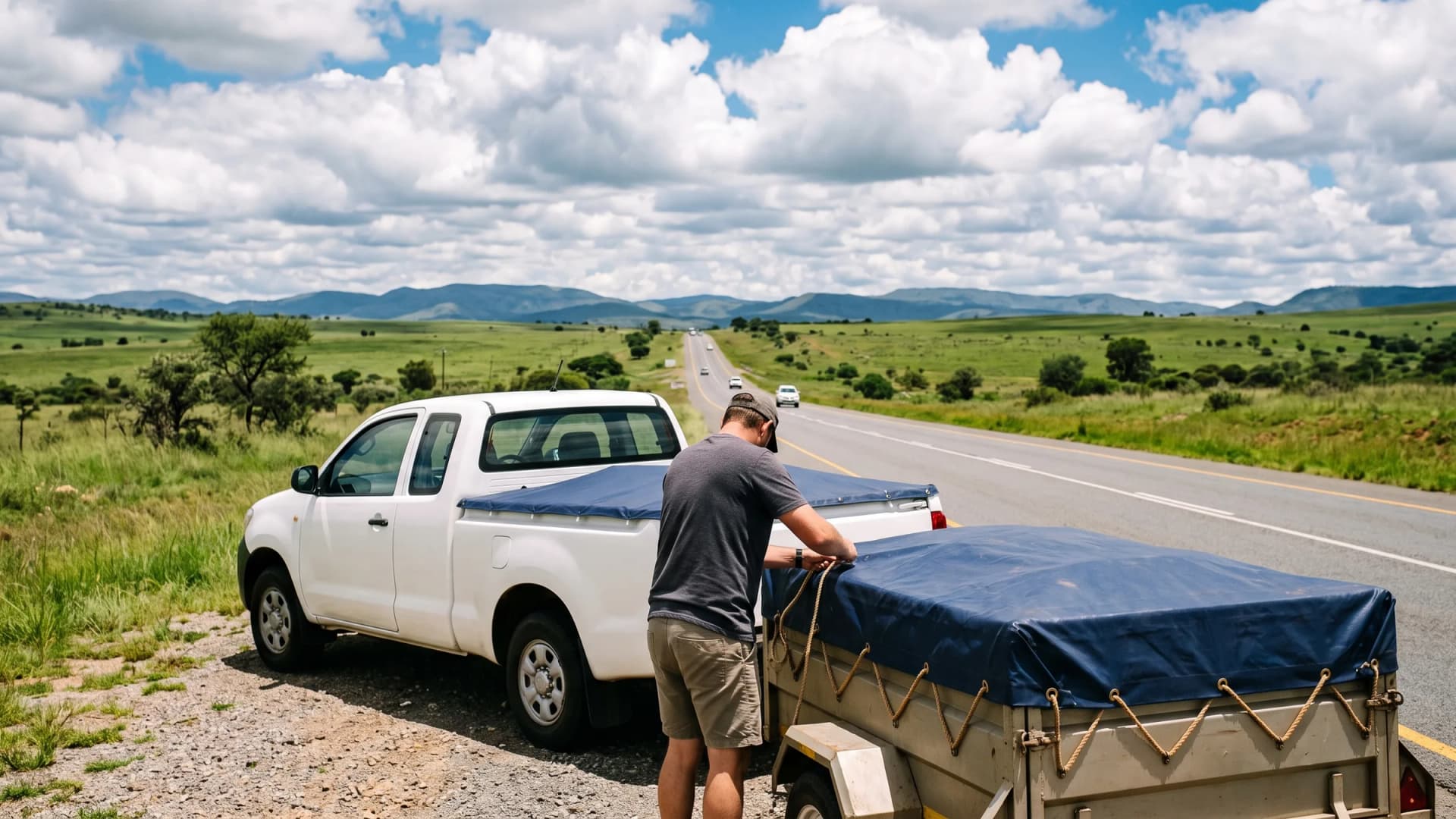 White bakkie parked on a gravel road shoulder with a fitted navy PVC load bin cover, towing a box trailer under a navy PVC tarp laced with rope through brass eyelets, a man re-tensioning the rope, open summer grassland and hills behind