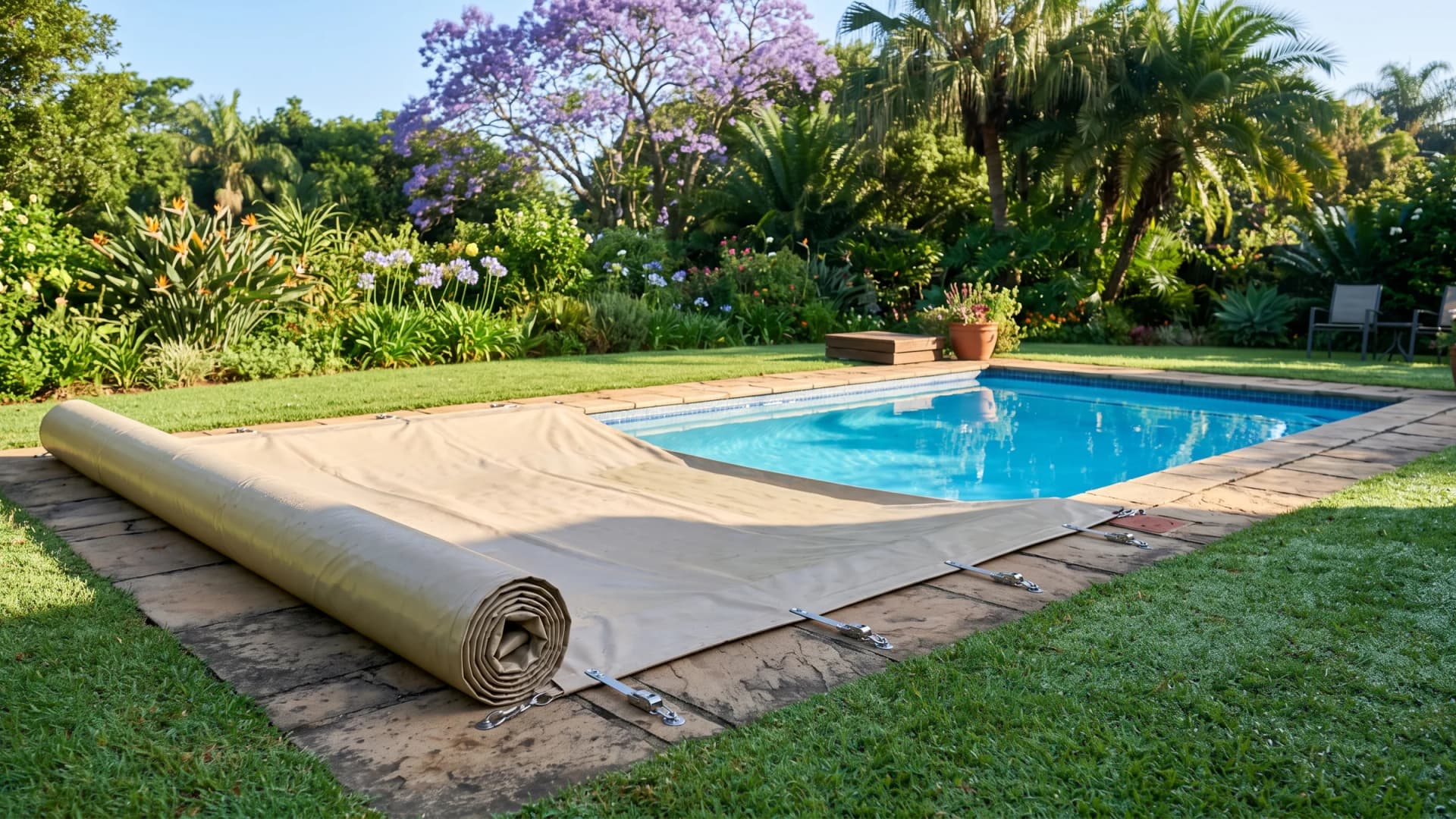 Fawn PVC pool cover half rolled back off a rectangular pool on a bright spring morning, clear water showing on the open half and stainless tension fittings visible along the pool edge