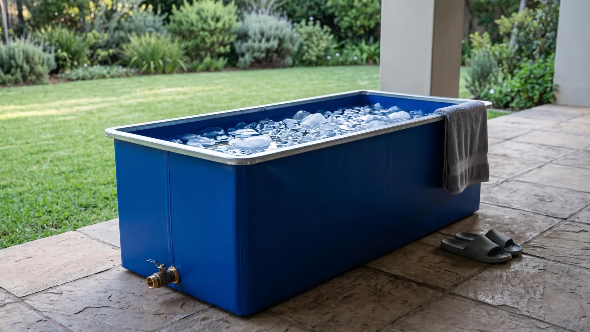Rectangular cobalt-blue welded PVC ice bath with a galvanised steel rim, filled with water and ice on a shaded patio, a brass drain valve at the base, a grey towel over the rim and slides on the paving beside it