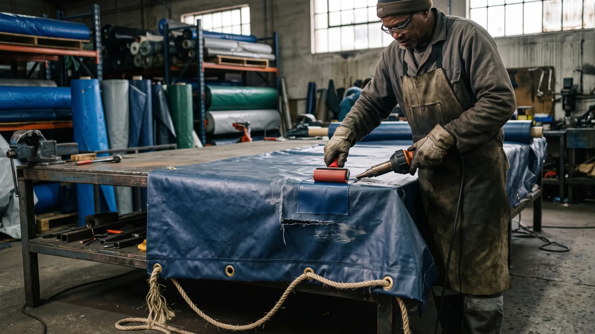 Factory worker heat-welding a PVC patch over a tear in a navy truck tarpaulin laid across a steel welding bench, the hemmed edge with brass eyelets and rope visible in the foreground