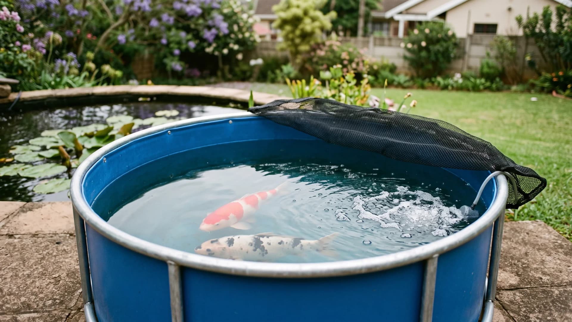 Round blue PVC koi quarantine vat with a galvanised ring frame standing on paving beside a garden pond on a bright spring morning, two koi visible in the clear water and a black bird net folded back over the rim