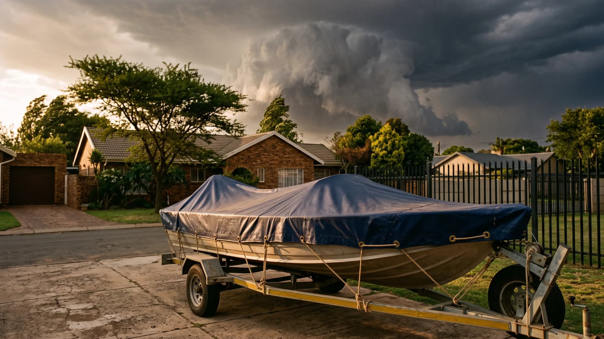 Aluminium boat on a trailer in a suburban driveway under a navy PVC cover tied down with rope through brass eyelets, a towering thunderstorm cloud building behind the houses in late afternoon light