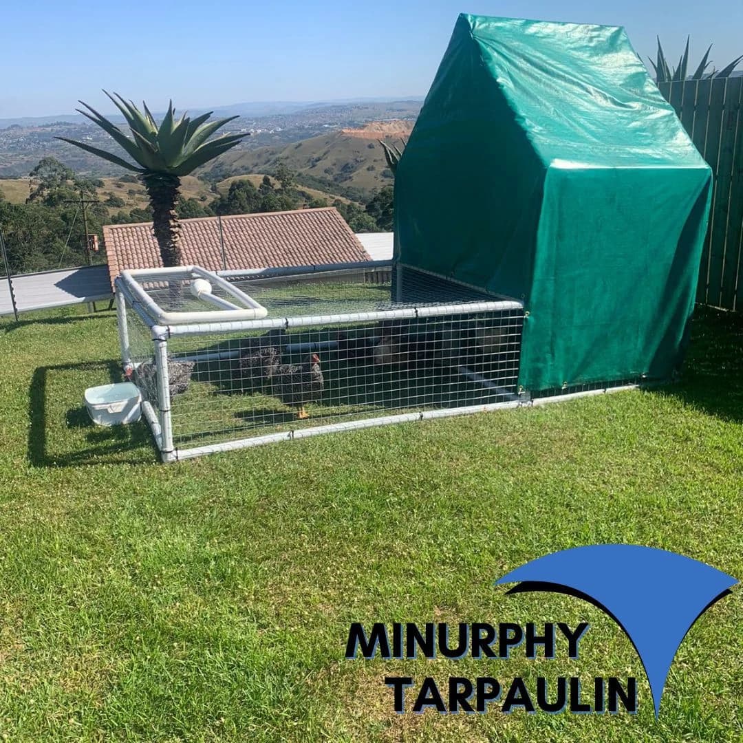 Outdoor green Minurphy canopy and mesh chicken pen, real customer installation in KZN