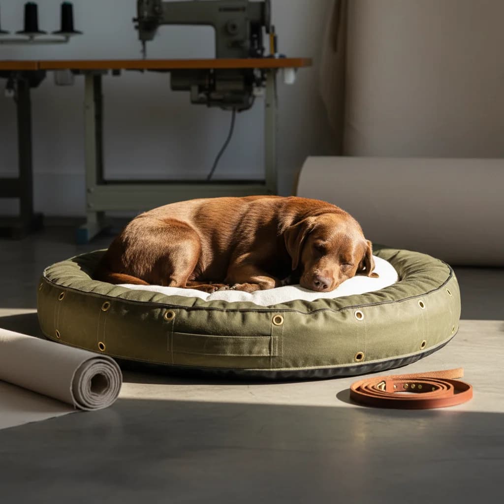 Brown Labrador asleep on an olive PVC-covered pet bed inside the Minurphy factory