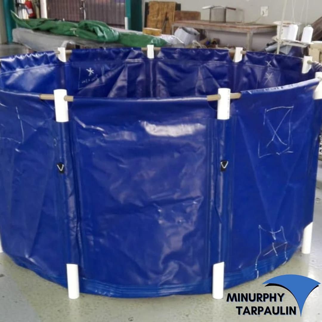 Round koi vat with white PVC support frame and test markings